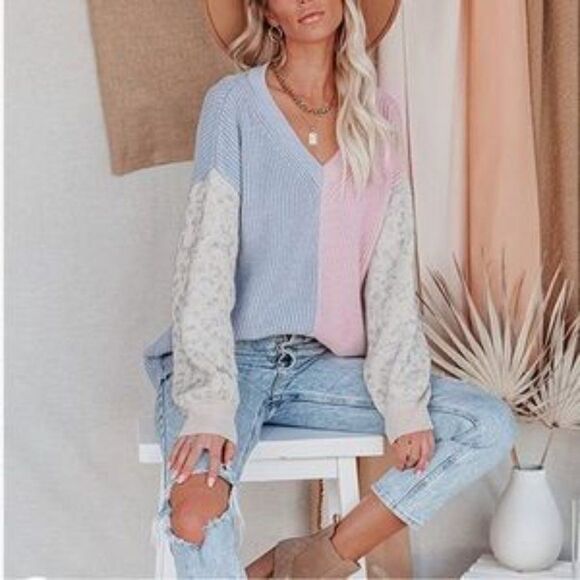 Leopard Blue and Pink Color-block Sweater - Picture 1 of 5